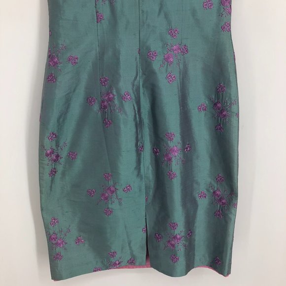 Nanette Lepore Rare Vintage Green Shimmer w/ Pink Floral Embroidery Silk Dress - Picture 9 of 14